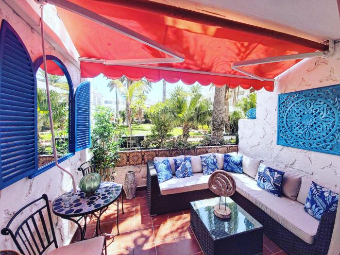 Tropical garden view with pool