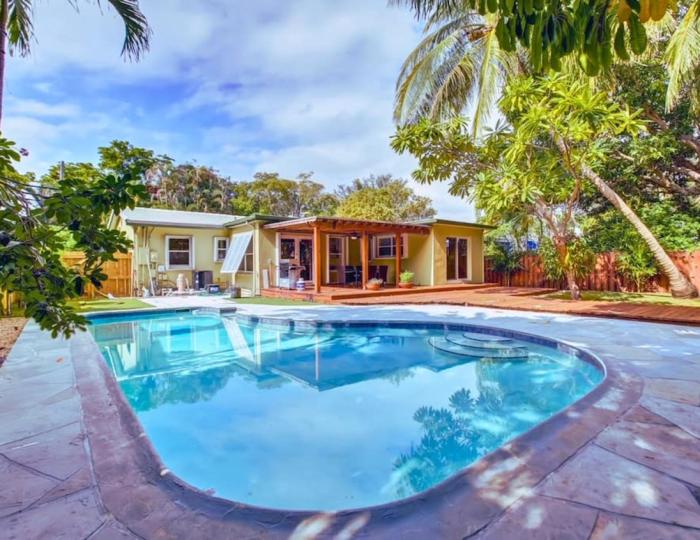 Tranquil Poolside Bliss Pergola Deck Turf Yard