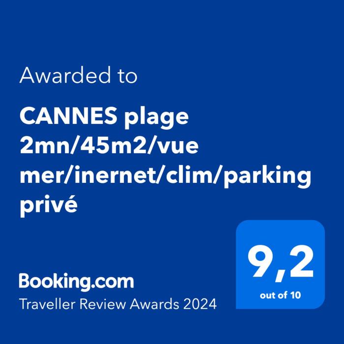 CANNES plage 2mn45m2vue merinernetclimparking privé