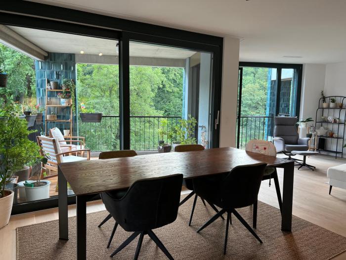 Luxury 2BR, 2 Bath, Spacious Living Room with Open Kitchen, River View, Ideal for Long Stays, Parking, 10 Min to Center