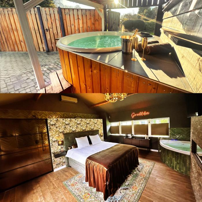Wellness Tuin - Ultieme Partner Beleving - St Hubertus Suite met Indoor Jacuzzi, Openhaard, Privé Hottub en Privé Sauna in Jachthut stijl - Gratis Fles Prosecco & Leuke Partner connect box !