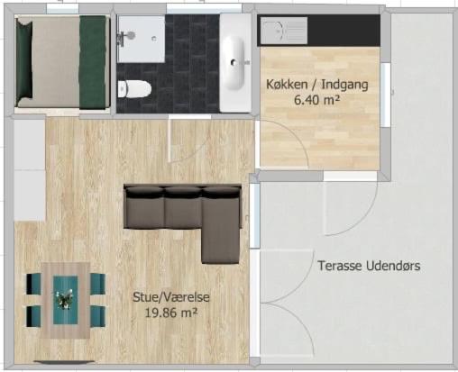 Lejlighed med eget bad, køkken og terasse