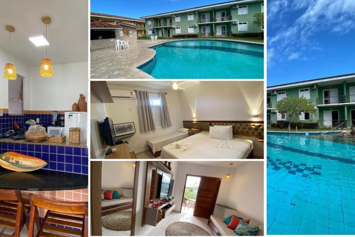 Flats com 1 quarto, frente praia de Taperapuã, atravessou a rua está na praia, Condomínio Boulevard da Praia conta com piscina, sauna, sala de jogos além de café da manhã como cortesia