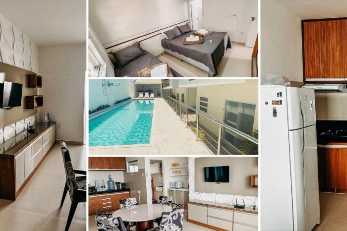 Apto Térreo com 2 quartos (ambos com ar split), sendo 1 suíte, internet privativa 300MBPS, no Residencial Vila Regina, condominio com piscina e área gourmet bem próximo a praia de Taperapuã