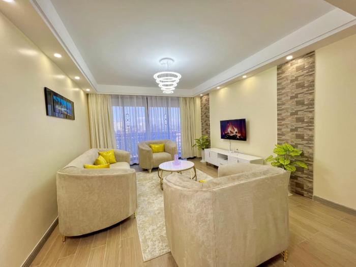 beautifully and elegantly furnished apartment with fully equipped gym,heated swimming pool,private parking space and,children playing ground and unbeatable city views