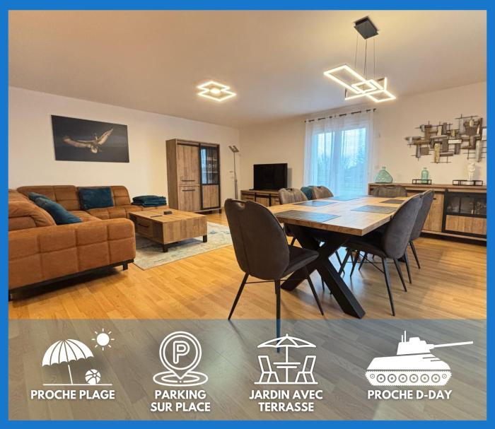 La clé des champs Maison plain pied spacieuse lumineuse bien équipée, 3 chambres spacieuse, belle terrasse aménagée, garage, grand jardin clos, parking, près de Bayeux et Omaha Beach, chiens bienvenus