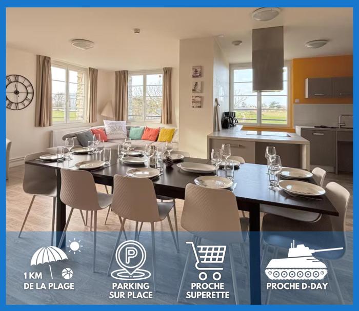 Les sables dor Grand apt lumineux bien équipé 1er étage vue panoramique sur campagne près superette, à 600 m plage proche Omaha Beach et pointe du Hoc parking gratuit, garage à disposition
