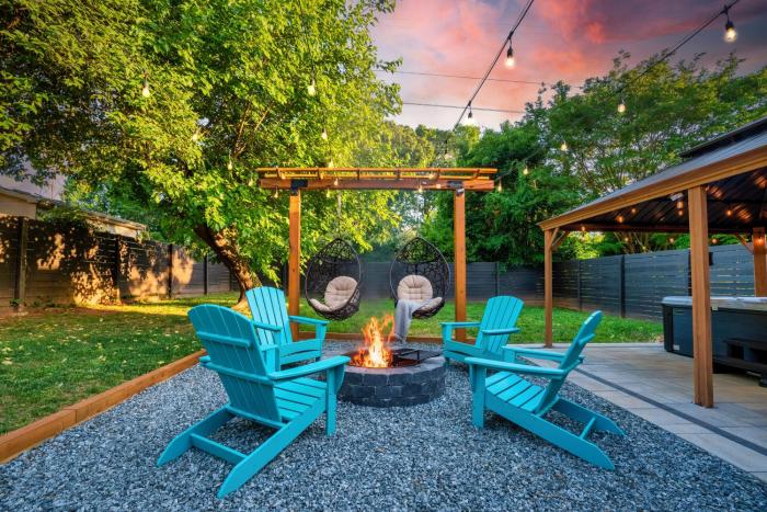 Uptown Oasis, Hot Tub, Swing Chairs, Fire Pit, Gazebo