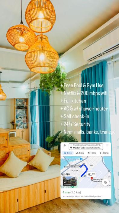 Modern Studio 4 Minutes from Mactan-Cebu Airport, Pool, Wi-Fi & Kitchen