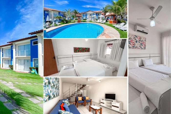 Casas no Residencial Mont Sião com 2 ou 3 suítes (todas com ar condicionado) condomíno a poucos metros da praia de Taperapuã (Axé Moi), com 2 piscinas adulto, 2 infantil, sauna e 2 portarias, casas com internet privativa 300MBPS