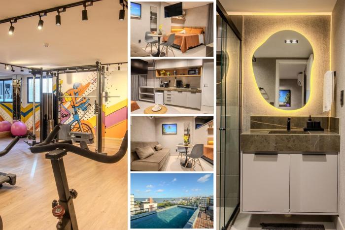 Flat a 50m da praia, com cozinha completa, estacionamento, recepção 24h, academia, lavanderia, Wi-Fi, mini mercado, Rooftop com piscina, churrasqueira e vista incrível