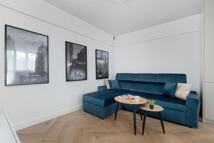 Blue and White Apartment in Łódź with Furnished Balcony by Noclegi Renters