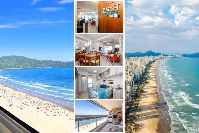 Vista cinematográfica 24º andar, frente total mar na Guilhermina, 2 quartos, condomínio com lazer total, enxoval, ar condicionado, churrasqueira, Wi-fi, Netflix, piscinas, saunas, academia, 2 vagas e portaria 24 horas, 15 Off no App