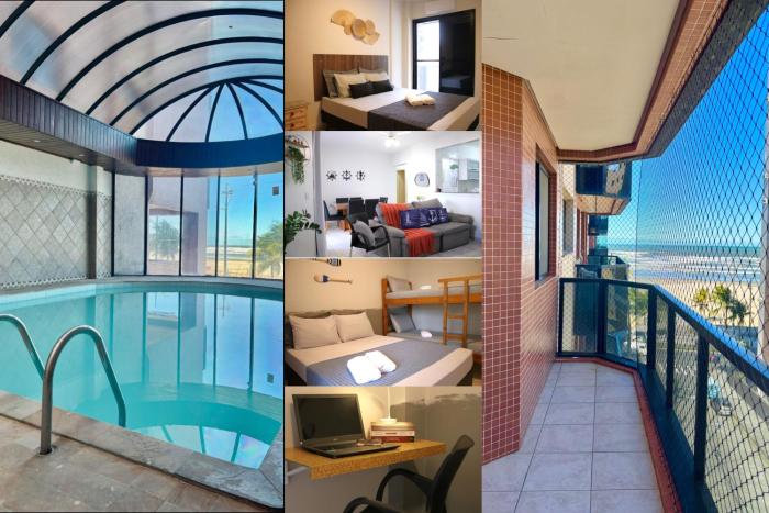 2 Quartos com Varanda sendo 1 Suíte, Cozinha completa, Vista Mar - Condomínio Frente Mar, Lazer completo com Piscina coberta e aquecida, Estacionamento, Portaria 24h - Apto indicado para Grupos, Famílias e Hóspedes a Trabalho, Praia da Guilhermin