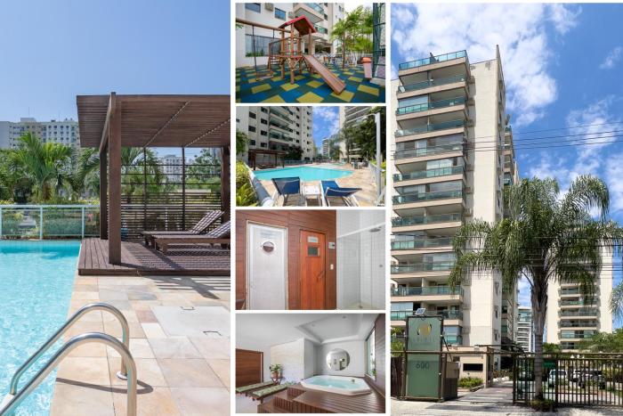 TOP BARRA OLÍMPICO! FARMASI ARENA - PARQUE AQUÁTICO MARIA LENK - ARENAS OLÍMPICAS - RIO CENTRO - GARAGEM - PORTARIA 24h - PISCINA - SAUNA - PARQUINHO INFANTIL - AR CONDICIONADO SALA E QUARTOS - TV com STREAMING, Wi-Fi