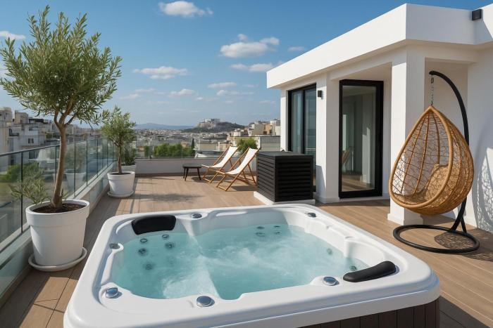 Modern 2BR with Rooftop Jacuzzi & Sauna Access