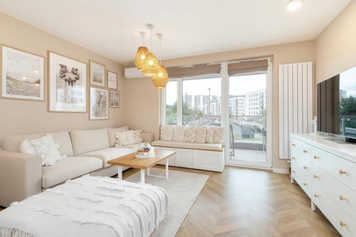 Beige Apartment in Gdańsk with Air Conditioned Living Room, Parking and Desk by Renters Prestige