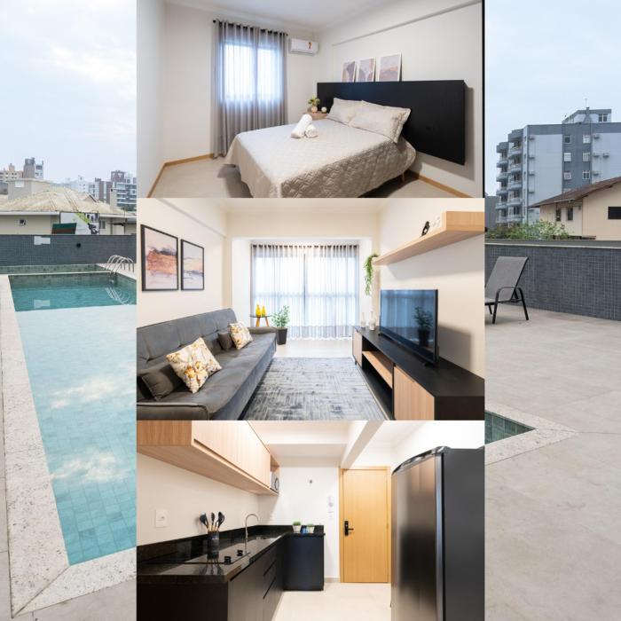 Localização Central! A 450 metros da Vila Germânica Loft com Piscina, Ar-Condicionado, Wi-Fi, Cozinha completa, Garagem Privativa, Espaço Zen, Academia, Sauna, e Mercadinho 24h