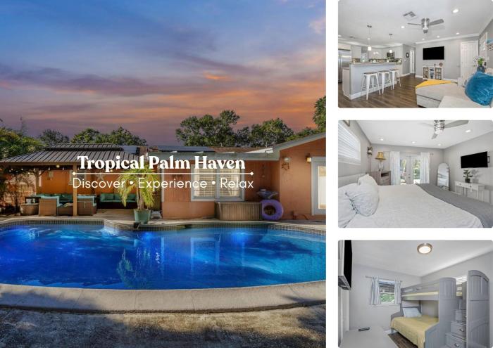 Tropical Palm Haven with Pool and Firepit