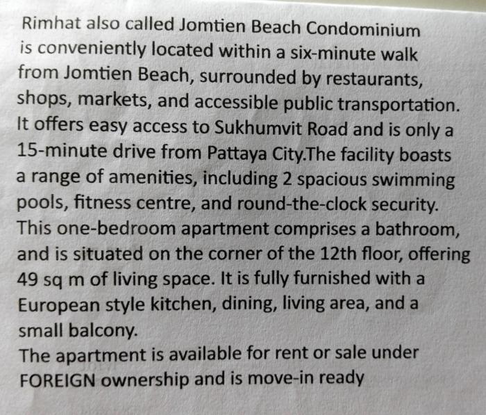 Jomtien Beach Condominium resort minimum stay 29 nights