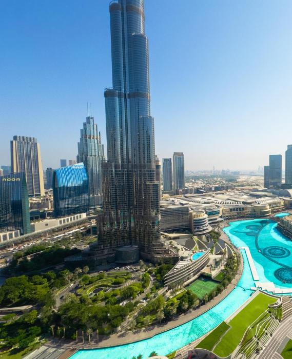 GRANDE SIGNATURE with a direct Burj Khalifa view and Private Fountain Show at high floor with DXB AIRPORT VIP Shuttle option for 6 guests