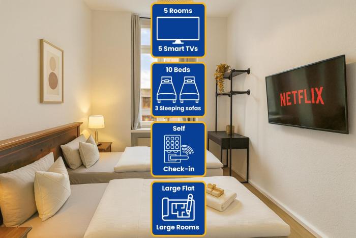 Leipzig Zentrum, Schnelles WLAN, TVs in allen 5 Zimmern, Self-Check-in, 5 Riesige Zimmer für große Gruppen, Aufzug