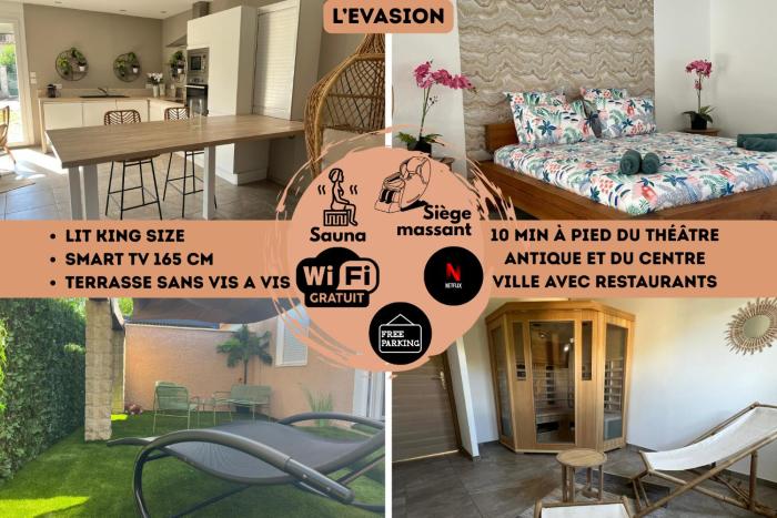 10 Min du Théatre antique à pied, sauna et fauteuil massant