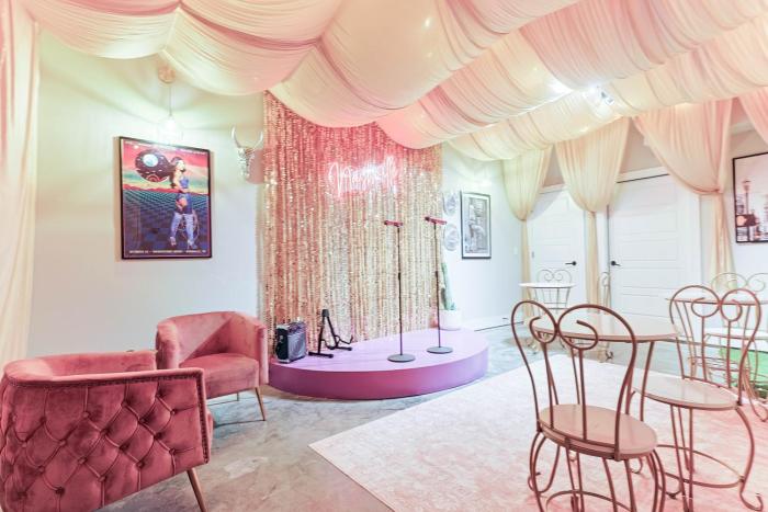 Glam Bachelorette Condo Stage & Neon Vibes