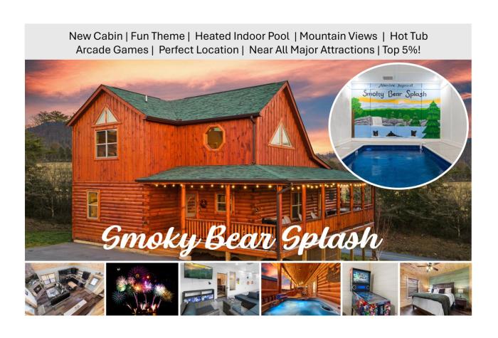 Smoky Bear Splash Top Rated Private Pool Cabin with Hot Tub, Mtn Views, Arcade Games, Excellent Location