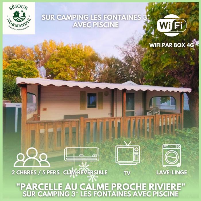 Séjour Normandie, Mobilhome 5P TV belle terrasse couverte wifi climatisation au calme proche rivière