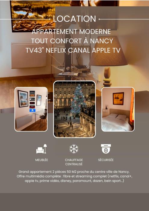 Grand T2 tout confort 50 M2 TV avec canal séries netflix Dazen Bein sport apple TV OCS paramount prime vidéo