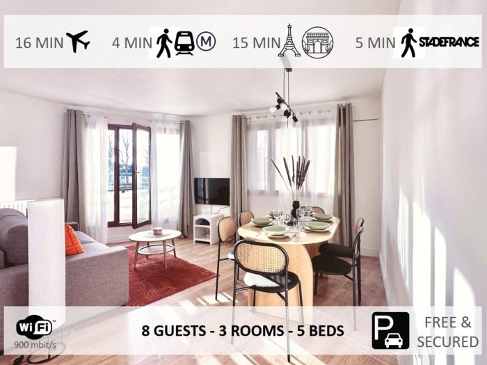 Direct Metro to Central Paris, Bright and new 3-room-flat with a view, Free parking, Stade de France