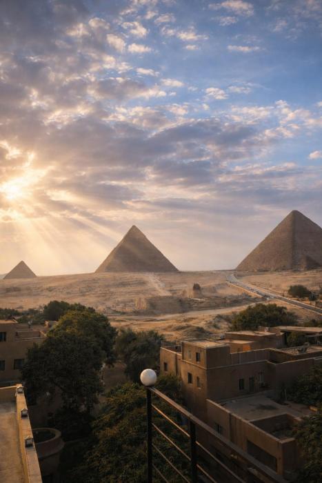 Hathor palace pyramids view