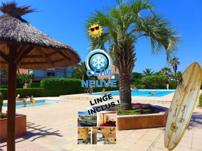 Appt T2 climatisé, climatisation neuve cette année!, Piscine, la Plage à 130m! Parking privé clos, Lave-linge, Lave-vaisselle, Draps, Linge et Ménage inclus!