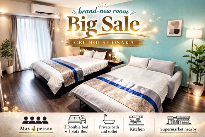 203 New Open!難波駅から徒歩7分!黒門市場がすぐそば!大阪観光にピッタリ