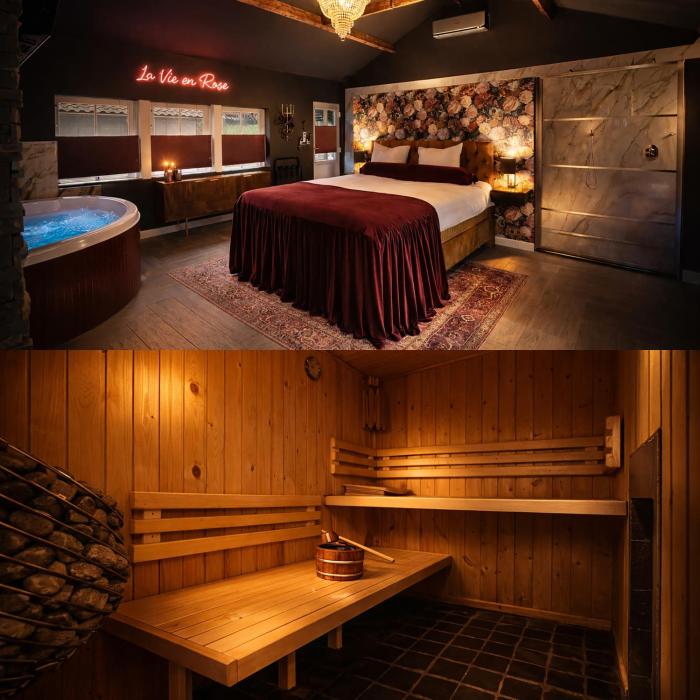 Wellness Tuin Horst Noord Limburg - Suite met Indoor Jacuzzi en Openhaard en privé Sauna - in Romantische stijl - Gratis Fles Prosecco & Leuke Partner connect box ! - Ultieme Partner Beleving