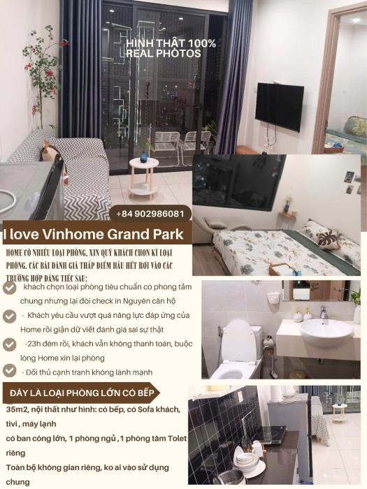 Phòng Vinhome Grand Park với ban công lớn, 1 phòng ngủ, bếp, phòng khách, phòng tắm