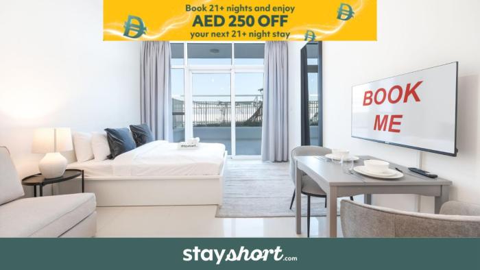 Free housekeeping visits during your stay - StayShort - Studio in Damac Hills that Sleeps 3 with Terrace!