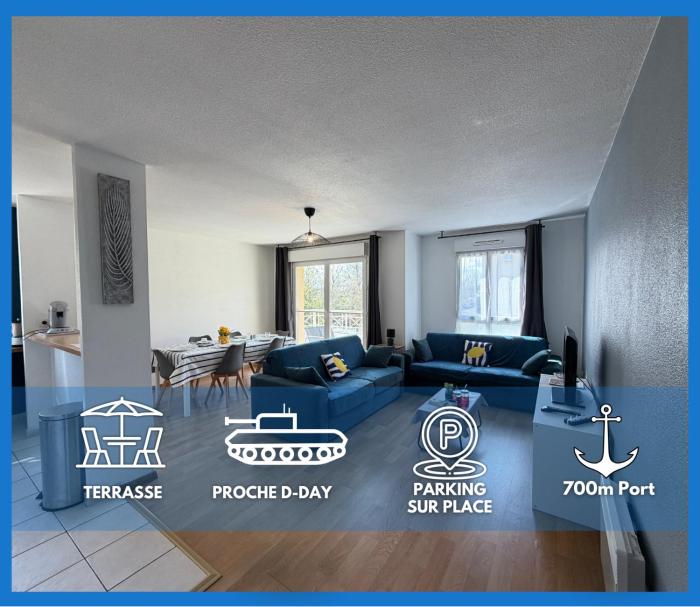 La frégate appartement 2 Chambres bien équipé 2 belles terrasses 2 places de parking privatives à15 mn à pied centre Port en Bessin tous commerces proche Golf et Omaha Beach