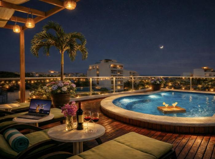 Romantic Beach Apartment - Quiet & Private, Rooftop Pool & Patio, 400m Coast 2B