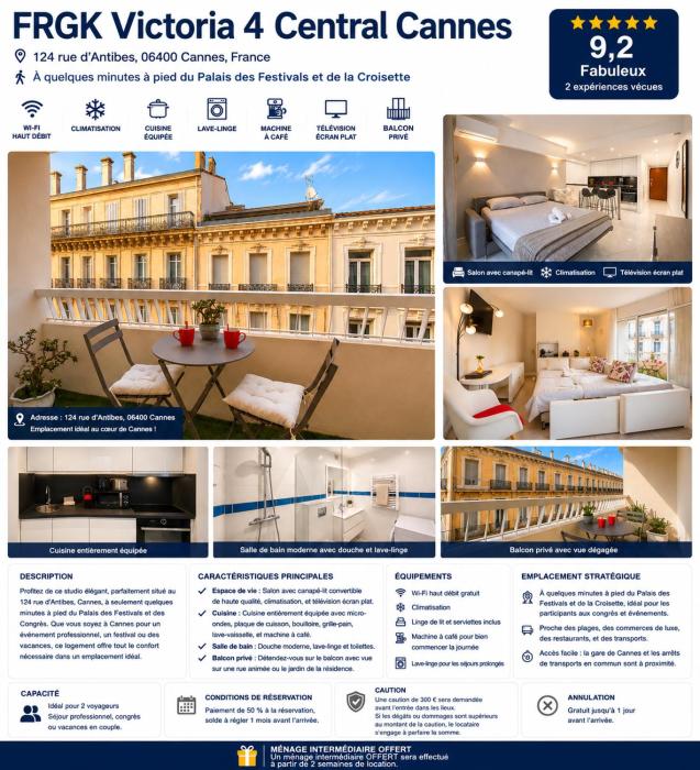 FRGK Victoria 4 Central Cannes studio Terrace, AC & Ultra-Fast Wi-Fi