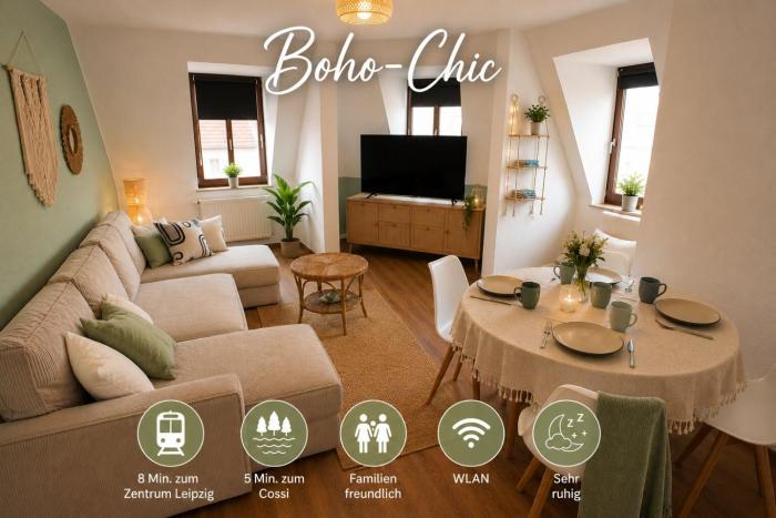 BOHO CHIC Markkleeberg-Leipzig, Familien Apartment, 8 min ins Leipziger Zentrum mit S-Bahn, Seenähe Großer TV mit X Box