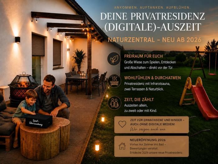 NaturZentral - neu ab 2026 Privatresidenz mit Sauna, Terrasse & Naturblick sowie großer Wiese für Auszeiten allein, zu zweit oder mit Kind