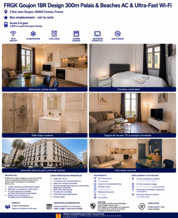 FRGK Goujon 1BR Design 300m Palais & Beaches AC & Ultra-Fast Wi-Fi