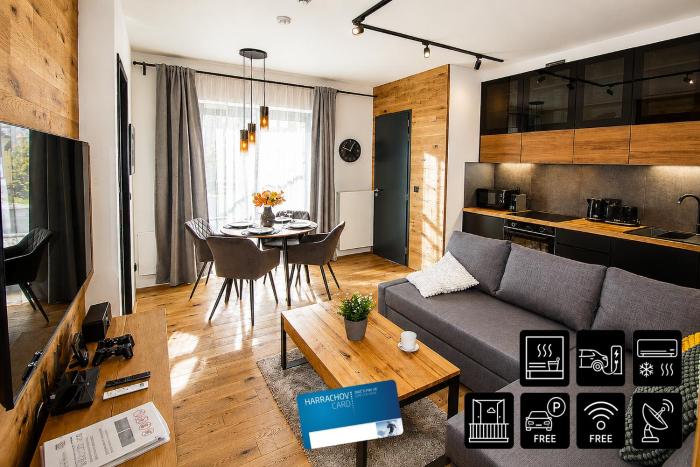 ENJOYHARRACHOV - Atraktivní slunný klimatizovaný apartmán 24 v centru Harrachova se saunou, parkováním, Wifi-WLAN, SAT, herní konzolí, Netflix zdarma a možností dobíjení auta jen 150m od lanovky