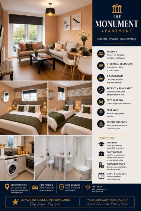 The Monument Apartment, 2 Bedrooms, 2 Bathrooms, Private Balcony, Open Plan kitchen, Recently Renovated, Code-Access Development, Free Multi Car Park, Ideal Location