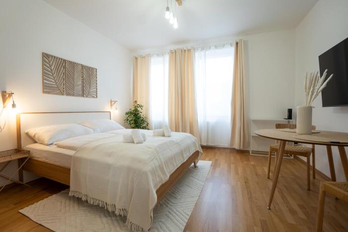 Bright and cozy studio with a city view