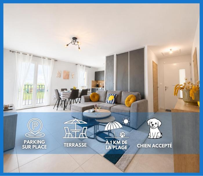Heron apt confortable avec belle terrasse vue dégagée sur champs 3 chambres parking privatif à 900 m de la plage dAsnelles et tous commerces, bars et restaurants près de Bayeux sur plages du débarquement