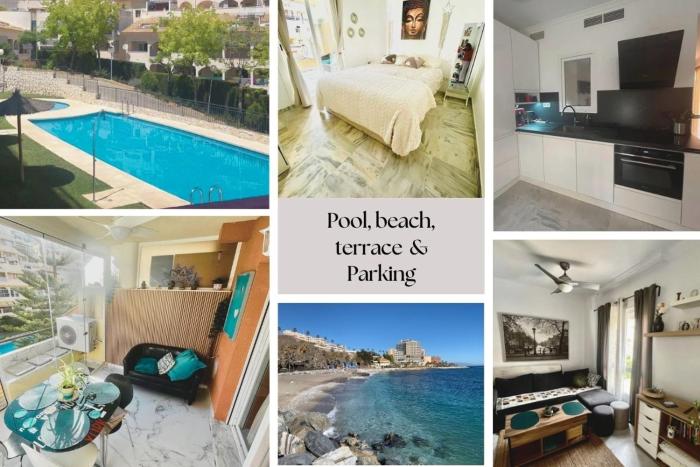 Piscina, playa, terraza y parking en Benalmádena