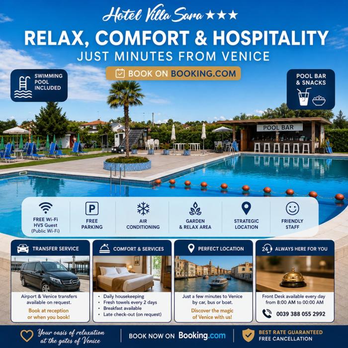 Hotel Villa Sara with pool and parking near Venice